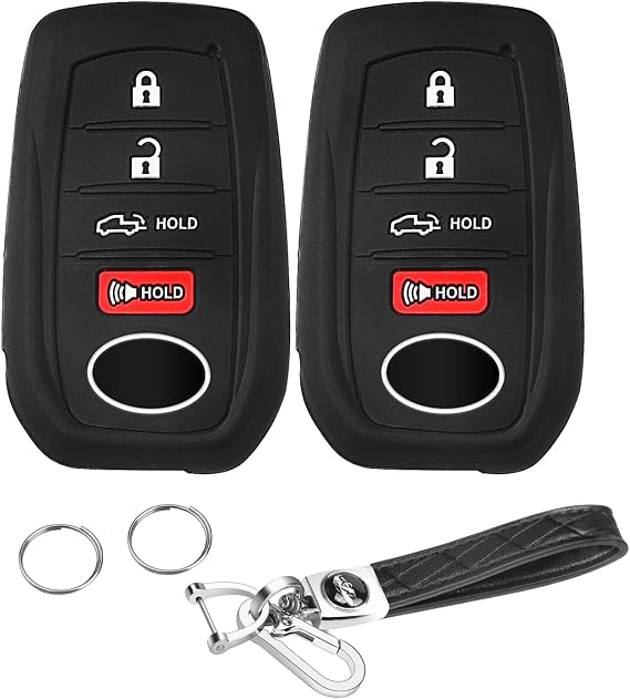 QBUC トヨタキーフォブカバー タコマ プリウス ヴェンザ カローラ クラウン セコイア タンドラ グランド ハイランダー RAV4 Prime用 4ボタンリモコン トヨタキー保護ケース キーチェーン 車用 ブラック