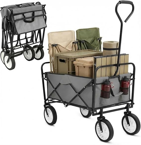 Handcart Transport Trolley Foldable Hand Trolley with Side Pocket 98 L/80 kg Load Capacity Beach Trolley Foldable All Terrain Garden Trolley for Shopping Camping Beach Transport Outdoor (Grey)