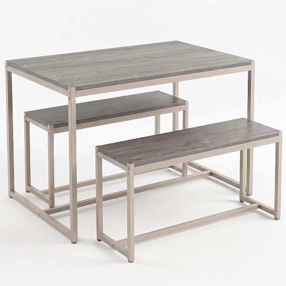Blisswood Dining Table with Bench Set for 4–6 Seater, Kitchen Table with 2 Benches, Space Saving Wooden Dining Table Set with Metal Frame, Industrial Dining Room Furniture for Home Small Spaces, Grey