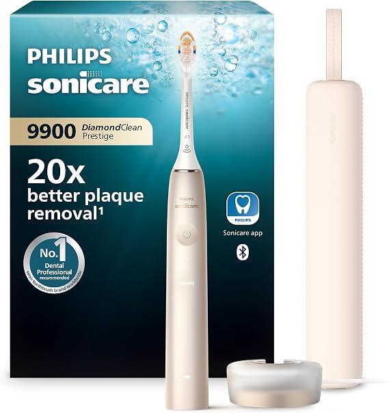 Philips Sonicare DiamondClean Prestige 9900 - Sonic Electric Toothbrush with 1x A3 Premium All-in-One Brush Head and Charging Case in Champagne (Model HX9992/11)