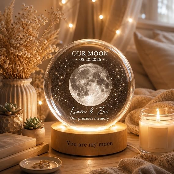 Customized Moon Phase Night Light 3D Crystal Ball, Personalized Glowing Galaxy Glass Globe with Warm Wooden LED Base, Room Decor Bedroom Bedside Lamp [Energy Class A]