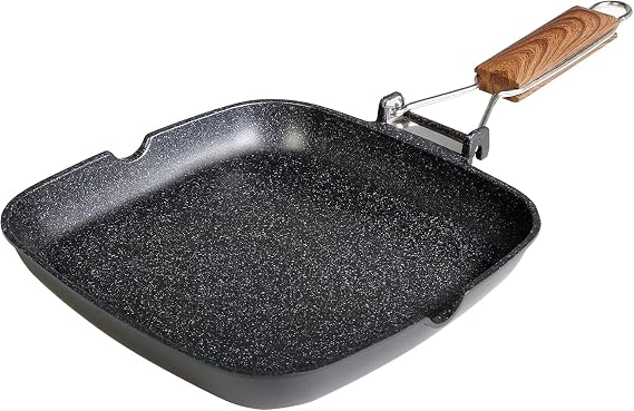 WECOOK! Ecochef Grill Induction Smooth 11 x 11 Inches, Non-Stick Quantanium PFOA-free, Cast Aluminum, 5 mm Thick, Folding Wooden Handle, Suitable for All Cookers, Ceramic, Gas