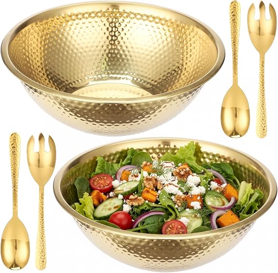 Joyibay 2 Pcs Stainless Steel Salad Bowls with 4 Pcs Serving Utensils, 13 Inch Stainless Steel Salad Bowl Set, Kitchen Mixing Bowls Food Soup Storage for Cooking, Serving, and Prep