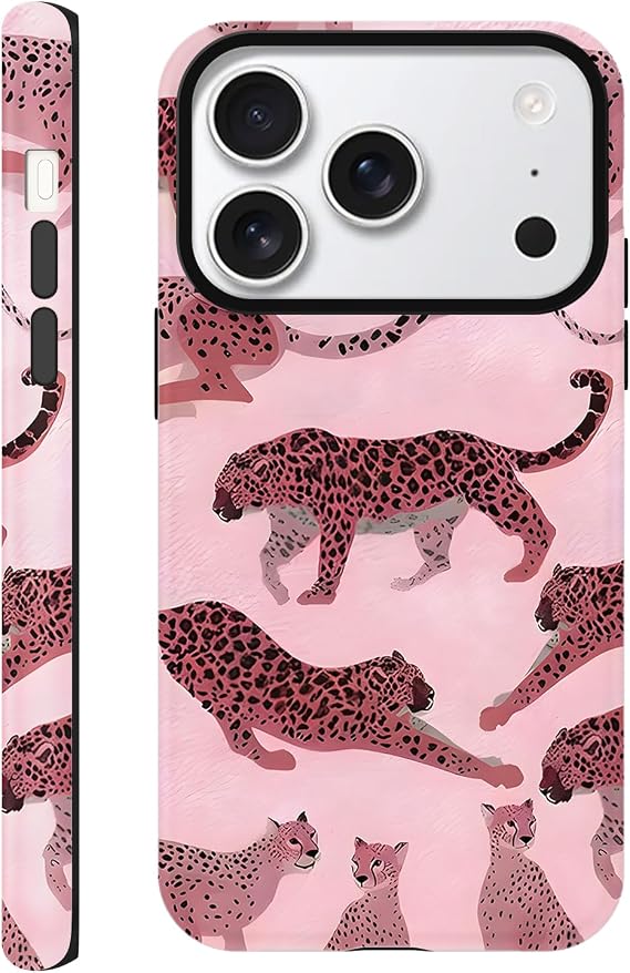 かわいいピンクのチーター電話ケース iPhone 17 Pro Max用 ケース6.9インチ、審美的なトレンディなヒョウ柄デザイン 2イン1 マットカバー 耐衝撃 スリム ソフト TPU ハード PC 保護 女の子 女性 Funda