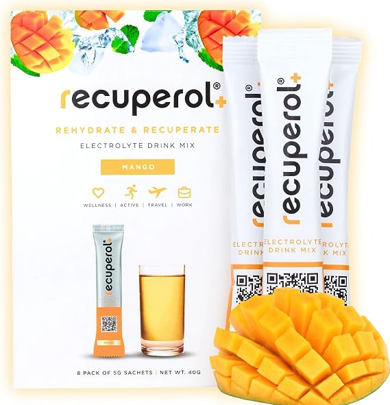 Recuperol Electrolytes Sachets - Rehydration Electrolytes Powder with Zinc, Vitamin C, B12, D3 & Potassium for Hydration - Sugar Free, Vegan & Low Calorie - Mango 8 Pack