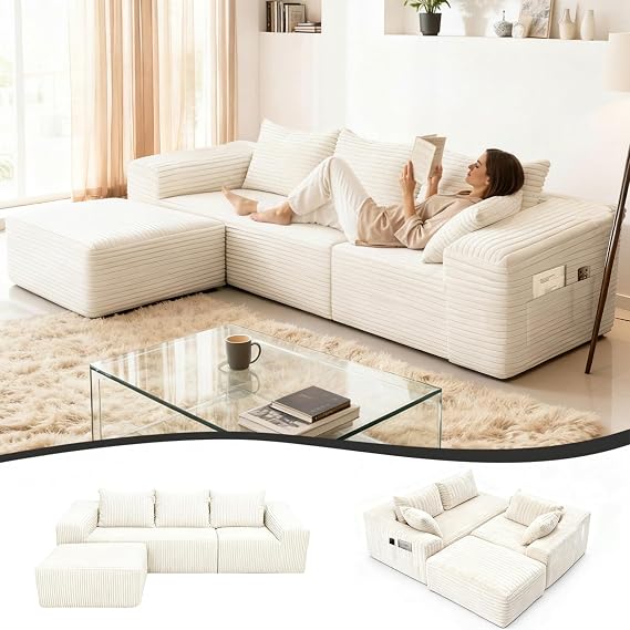 275 cm Modular Sectional Sofa Boneless Couches for Living Room L-Shaped Corner Couch with Chaise and Movable Ottoman Upholstered Modular Cloud Sofas with Pillow No Assembly Required