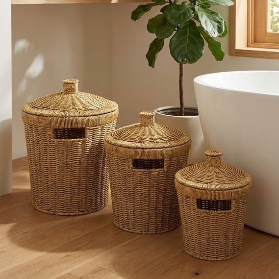 3’lü İç İçe Geçebilen Büyük Plastik Rattan Hasır Sepet Seti-Dayanıklı Çok Amaçlı Ev,Banyo ve Mutfak Düzenleyici (5264)