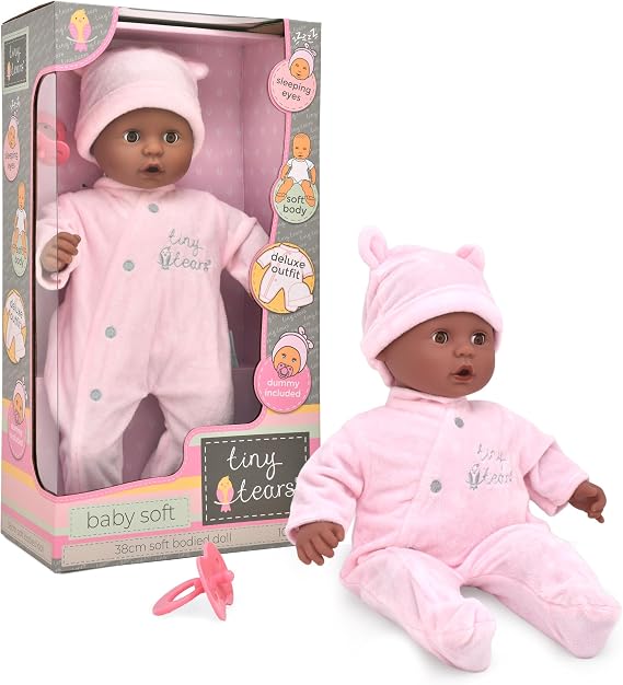John Adams Tiny Tears Baby Soft Doll 15" (38 cm) - Black/Dark Skin | Soft Bodied Baby with Closing Eyes & Dummy | Deluxe Pink Outfit | Cuddly First Doll Set | Toy for Toddlers Age 10 Months+