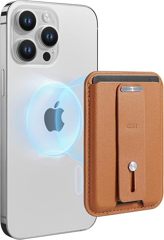 ESR MagSafe cüzdan, saplı parmak halkası, vegan deri, mıknatıslı cüzdan, iPhone 17/16/15/14/13/12 serisi için, Google Pixel 10/Pro/Pro XL için, 13/12 mini için değil, 3 kart tutucu, kahverengi