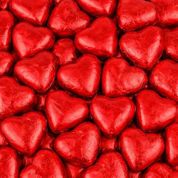 50 Red Foiled Chocolate Hearts – Red Foil Wrapped Valentines Chocolates Heart Milk Chocolates | Ideal for Valentines Day Weddings Favour