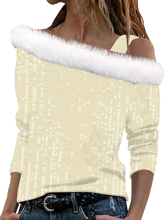 Loose Shirts for Women Sequined Fashion Casual One Shoulder Long Sleeve Collar Tops Ladies Pullover Clothes