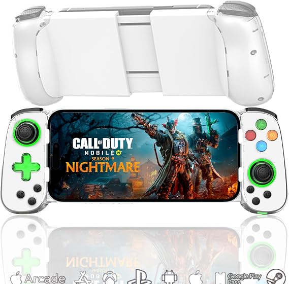 Megadream iPhoneコントローラーiPhone15/14/iOS 13.0以上/Android 6.0以上/iPad/PS3/4/Switch/PC用、クラウドゲーム/ストリーミング対応、ホールジョイスティック、6軸ジャイロスコープ、振動モーター、3段階ターボ、連射/連射ホールド、グリーンライト、codモバイル用コントローラー iPhone/Android、モダンコンバット5用、白い