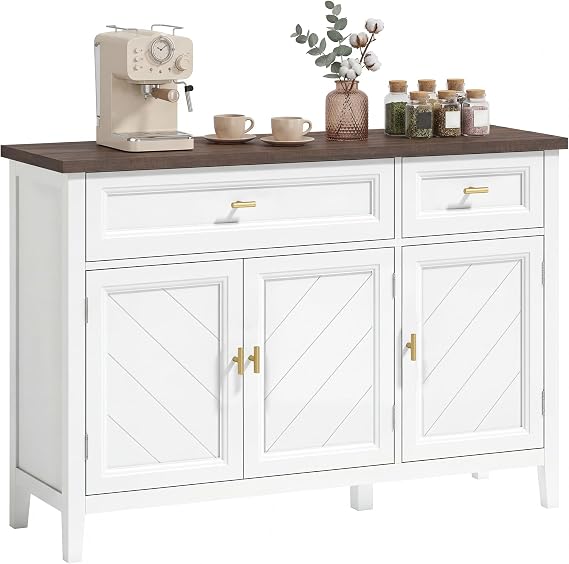 HOMCOM Sideboard Thick Top, 3 Doors, 2 Drawers, White and Brown Wood Effect