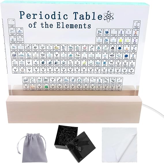 Periodic Table Display, Includes 83 Real Element Samples, Acrylic Crystal Block, 7-Color & 4 Modes LED Light Base, Study Desk Decor