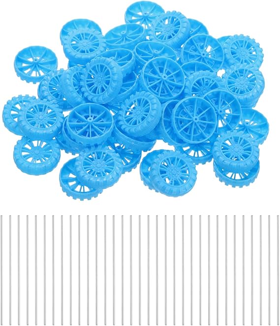 MECCANIXITY おもちゃの車のホイール100個、40mm×10mmプラスチックロールと2mm×100mmシャフトラウンドロッドアクスル、DIYRCカー、トラック、ボート、ヘリコプターモデルパーツ、ブルー