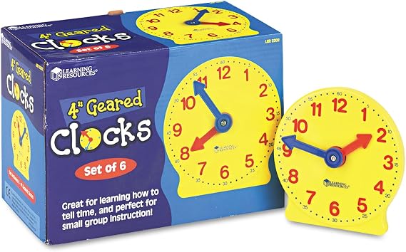 Learning Resources Geared Mini Clocks, Ages 5+, 10cm, Student Teaching, Set of 6 for Kids, Telling Practice Classroom Learning