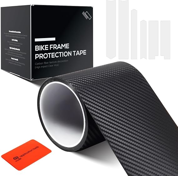 Bike Frame Protection Tape, Bicycle Protector Wrap Film Cover, 3m / 118" Length x 4" Width for Ebike/Gravel/Mountain Bike/MTB/Road Bike, Carbon Fibre Pattern, Black/Semi‑transparent