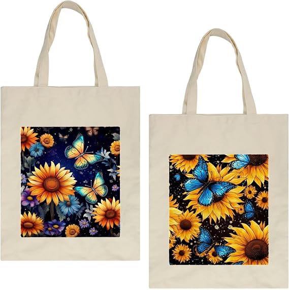 Starry Night Sunflower Butterfly Canvas Tote Bag, Reusable Grocery Shopping Bag, DIY Painting Printing