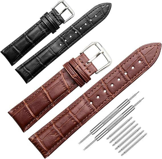 Universal Leather Watch Straps, Genuine Leather, Stainless Steel Buckle, Quick Release, Replacement Watchbands for Men Women (with Watch Strap Pins, Tool)