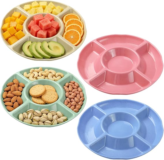4 Pack Snack Trays, 5 Compartment Stackable Plastic Trays