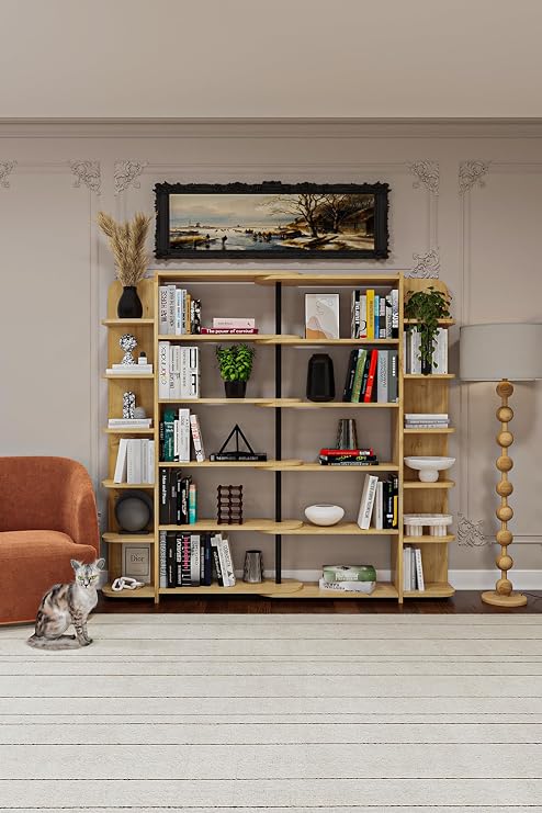 ASRA TREND Safir Meşe Desen DK-01 Modüler Kitaplık 176x155 cm 17 Raflı L Şeklinde Köşe Kitaplık Düz Kurulum Duvar Ünitesi%100 MDFLAM Dekoratif Kitaplık