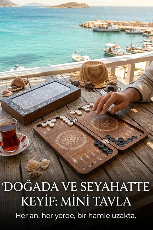 Mini Tavla Seti Kompakt Taşınabilir Çantalık Ceviz Renk Eskitme Stil Tavla Hediyelik 2 Adet Tabak Altlığı