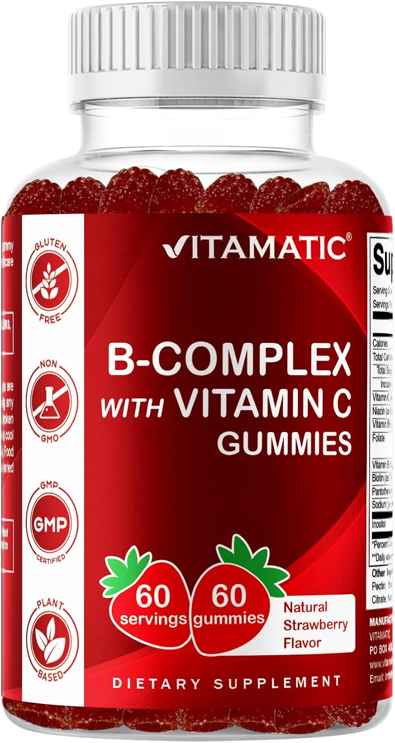 Vitamatic Vitamin B Complex Gummies with Vitamin C & Inositol - Natural Strawberry Flavor - 60 Gummies