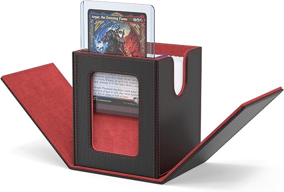ZLCA MTG Deck Box with Magic Commander Window Display Trading Deck Case Hold 100 Double Sleeved Cards Baseball Card Storage Box is Suitable for CCG/EDH(Black&Red)