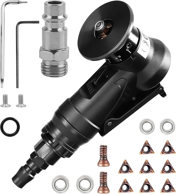 2-in-1 Pneumatic Chamfering Machine, Mini Air Chamfer Tool Pneumatic Beveling Tool Arc Corner 45 Degree for Metal Trimming and Deburring (8C Angle Inserts+4 Bearing)