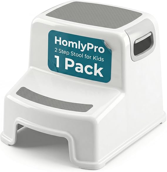 Toddler Double Step Stool for Kids, White, 200 lbs Weight Capacity, Non-Slip 2 Step Kids Stool with Handles, Potty Training Steps for Bathroom Sink & Kitchen