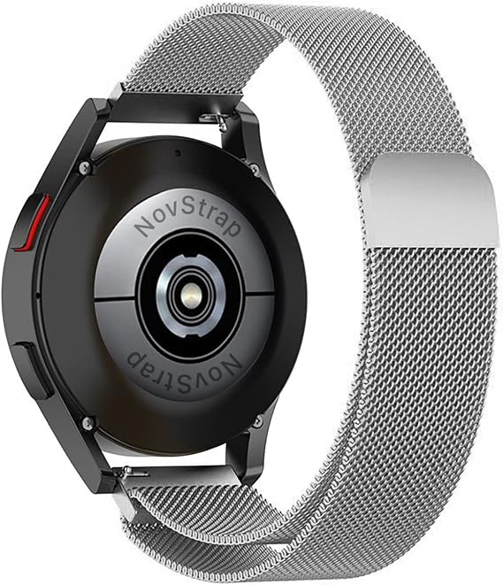 NovStrap Samsung Galaxy Watch 7/6/5/4/FE Serisi (40mm/44mm) Watch 6/4 Classic (47mm/43mm/42mm) Samsung Watch 5 Pro 45mm ile Uyumlu Kordon (20mm) Çelik Metal Hasır Kordon Kayış GÜMÜŞ