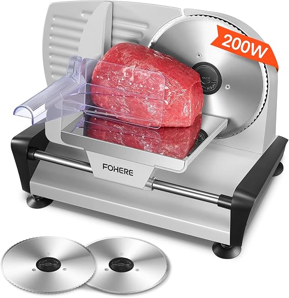 Meat Slicer with 2 * 19cm Blade, Electric Bread Slicer Machine for Home Use 200W, FOHERE Deli Food Cutter, 0-15mm Adjustable Thickness for Cheese, Bread, Include Safety Food Pusher, Silver