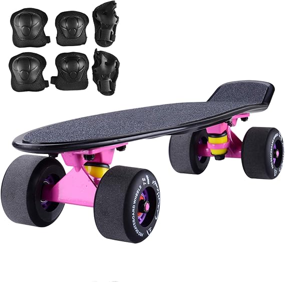 Mini Cruiser Skateboard 22" Plastic Penny Board with Protective Gear, Frosted PU wheel, Load 150kg, Complete Skateboard for Kids Girls Boys Beginners Teens Adults
