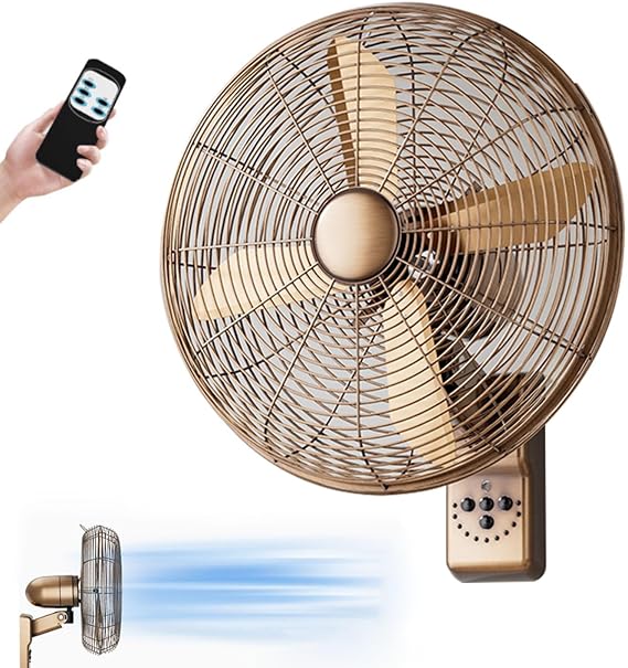 Wall-Mounted Electric Fan, 50W Industrial Wall Fan, 16″/18″ Wall Mounted Remote Control Fan, 90° Oscillating Fan, Three-Speed Adjustable(Bronze,16inch)