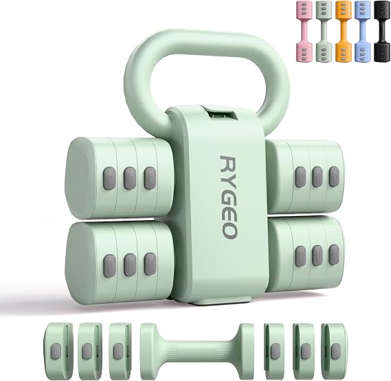 RYGEO Adjustable Dumbbells: Weights for Women with 2-in-1 kettlebell set, 4 levels (1.45-5.54KG), home gym equipment for fitness (Green)