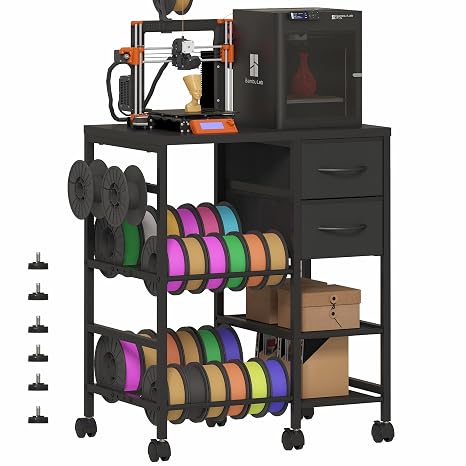 3-Tier 3D Printer Stand with Filament Storage,3D Printer Rack with Drawer and Hooks, Heavy Duty Metal Frame 3D Printer Table with Locking Wheels and Adjustable Feets for Home Office Studio Garage