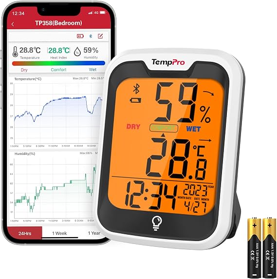 TempPro TP358 Bluetooth Hygrometer, Room Thermometer, Indoor Thermometer