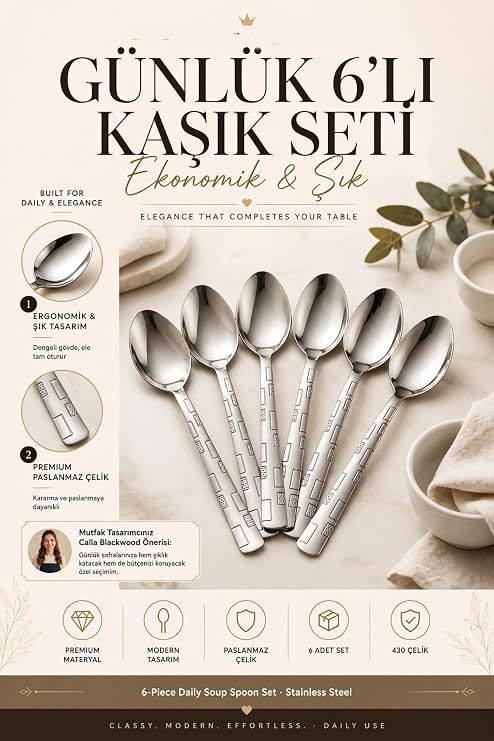 Transformacion 6lı Çelik Ekonomik Yemek Kaşığı Seti Günlük Çorba Kaşıkları 723568