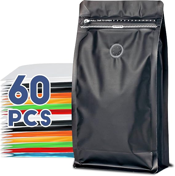 Coffee Bags with Valve(60pcs,4 oz,0.25 lb) Vented Coffee Beans Packaging Bags High Barrier Aluminumed Foil Flat Bottom Heat Sealed Side Zipper Resealable Storage Bag for Home or Business（Black ）