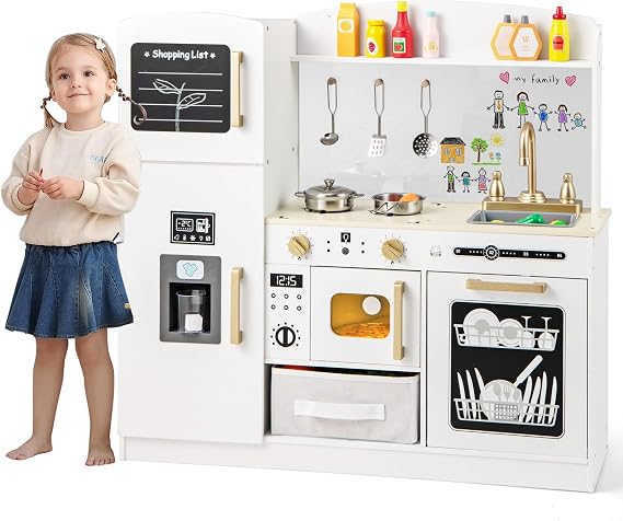 HOMASIS Children's Wooden Play Kitchen with Illuminated Microwave Stove Oven Sink Ice Maker Board Acrylic Toy Kitchen Includes 8 Accessories