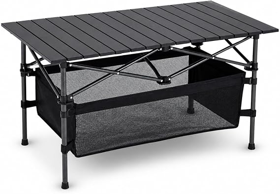 Folding Camping Table 120x55cm, Portable Aluminium Roll Up Picnic Table with Storage Net & Carry Bag, Lightweight Outdoor Table for Camping BBQ Garden Fishing Black