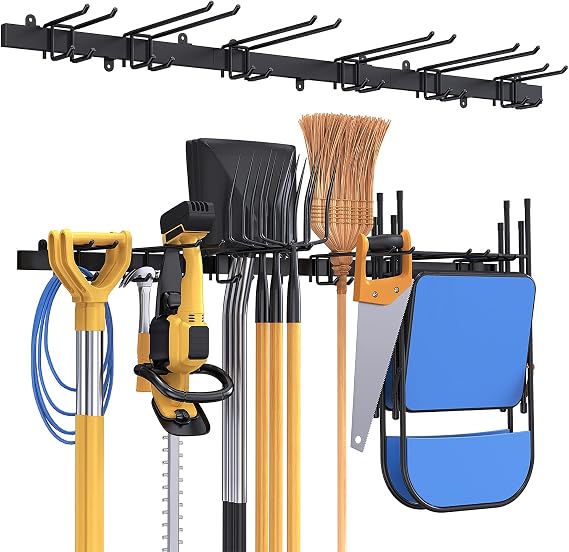 Mutool 51inch Wall Mounted Tool Storage Rack double hook, Metal Wall Mount Tools Home and Garage Storage System, Steel Gear Hanger, for Garden, Garage, wall tool organiser (Black)