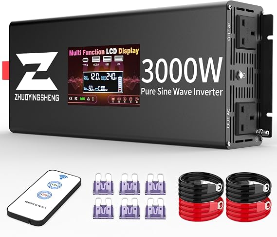 3000W pure sine wave inverter, DC 12V to AC 240V, with 2 British sockets, 3 USB and Type-C interfaces, LCD remote control, suitable for RVs, trucks, solar power generation, ships, camping, etc.