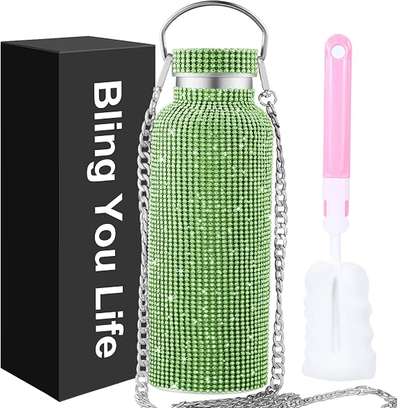 Bling Water Bottle Rhinestone,Diamond Cup,Glitter Stainless Steel Thermal Bottle with 55In Chain,Sparkly Gifts for Girls Women,Rhinestone Tumbler for Anniversary,Birthday (Green)