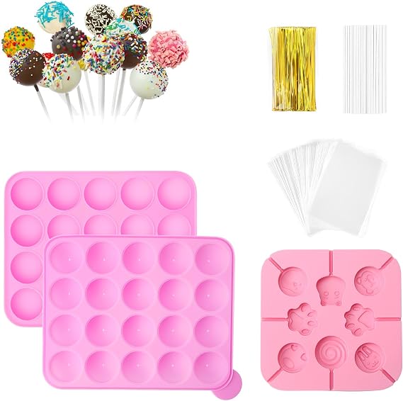 323 PCS Cake Pop Maker Kit, Cake Pop Baking Mold with 1 Silicone Mold Set,100 Pcs Clear Bags,120 Pcs Treat Sticks,100 Pcs Gold Bow Ties