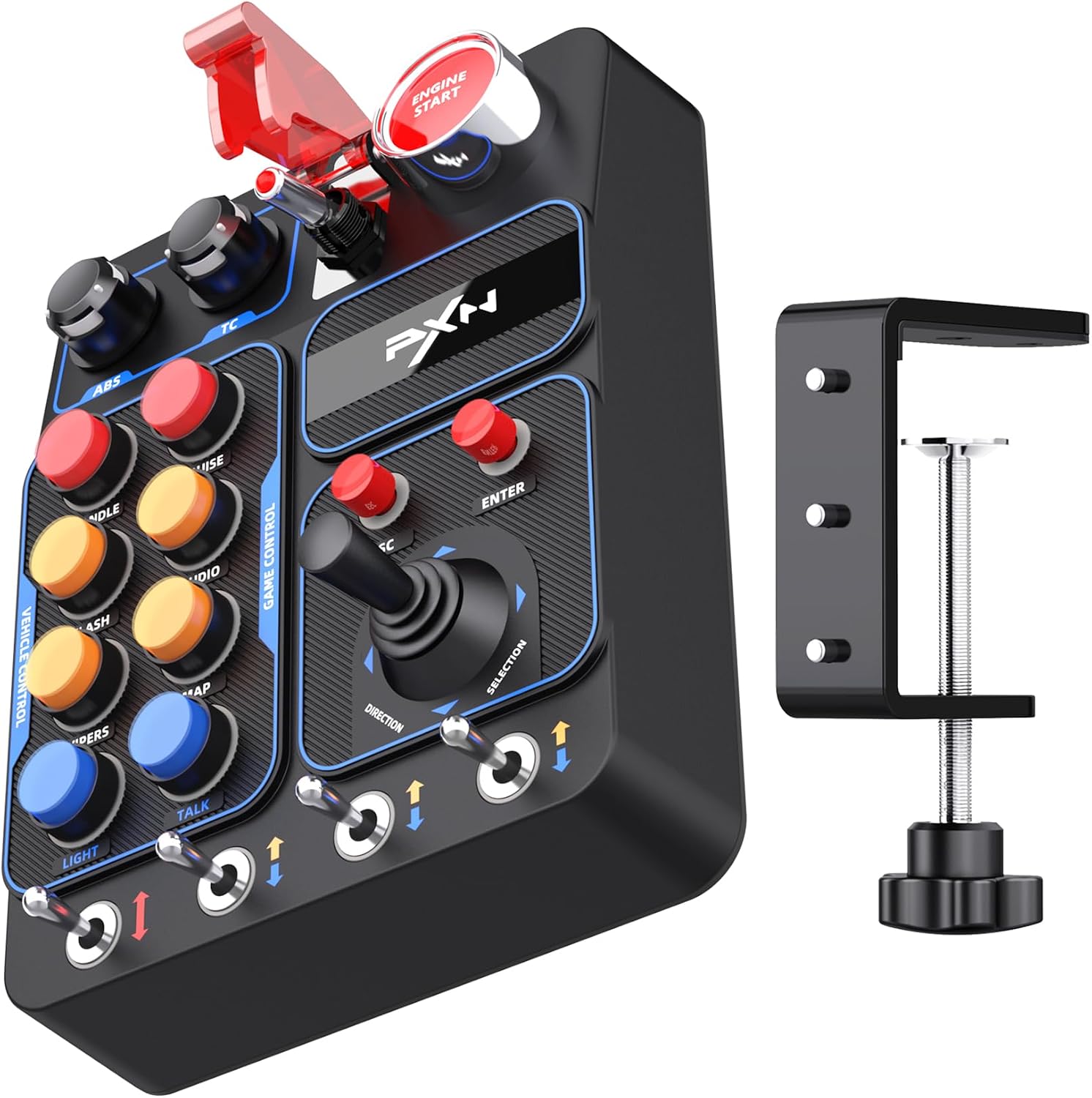 PXN CB1 Button Box – PC Simulator Side Panel with 19 Programmable Buttons & Switches, RGB Backlight, USB Plug-and-Play, Desk Clamp & 100×100mm VESA Mount – For Truck, Racing, Flight & Farming Games