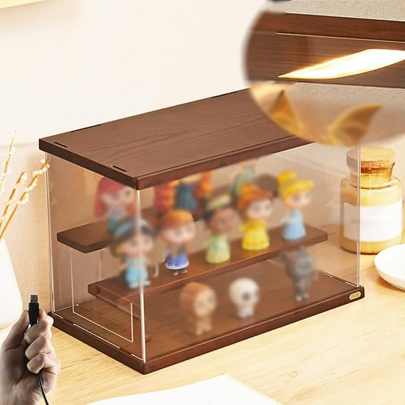 Solid Wood & Acrylic Box with Shelves, Vintage Clear Display Case with Top Light & Sliding Doors, Dustproof Display Stand for Collectibles