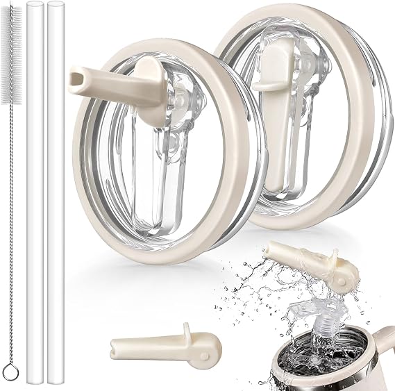Stanley H2.0 Quencher Protour Tumbler için 40oz Flip Straw Sızdırmaz Kapak, 2 Paket Dökülmeye Dayanıklı Kapak Yedek Hasır Kapak Üstü 40oz Stanley Bardak Aksesuarları için (Bej, Bej)