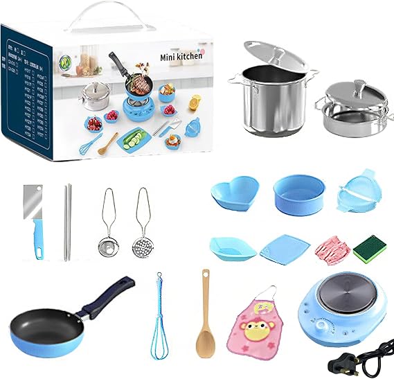 22Pcs Cooking Mini Kitchen Toys, Real easy Bake Cook Set, Pretend Play Pots Pans Accessories Tool or Beginner Cooking Education (blue)