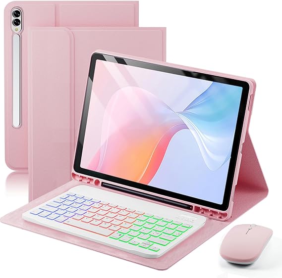 Backlit Keyboard Mouse Case for Samsung Galaxy Tab S11 Ultra/S10 Ultra/S9 Ultra/S8 Ultra 14.6-inch,with Wireless Bluetooth British Layout (QWERTY) Keyboard and Mouse, Built-in Pen Holder pink